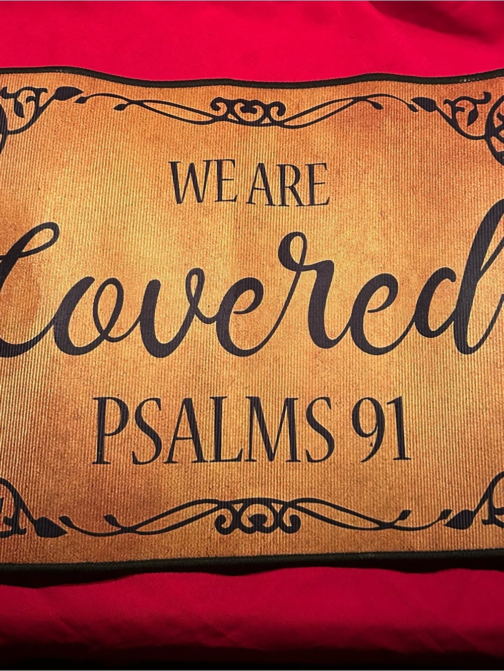 Faith Message 'We Are Covered - Psalms 91' Doormat in Tan and Black